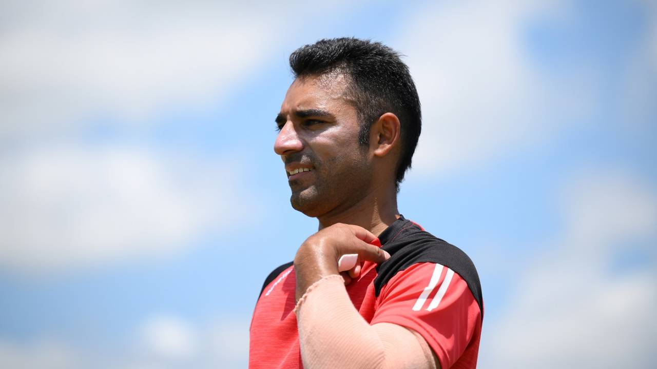 Canada captain Saad Bin Zafar gets ready to bowl during a training session on the eve of the team's opener, T20 World Cup 2024, Dallas, May 31, 2024 