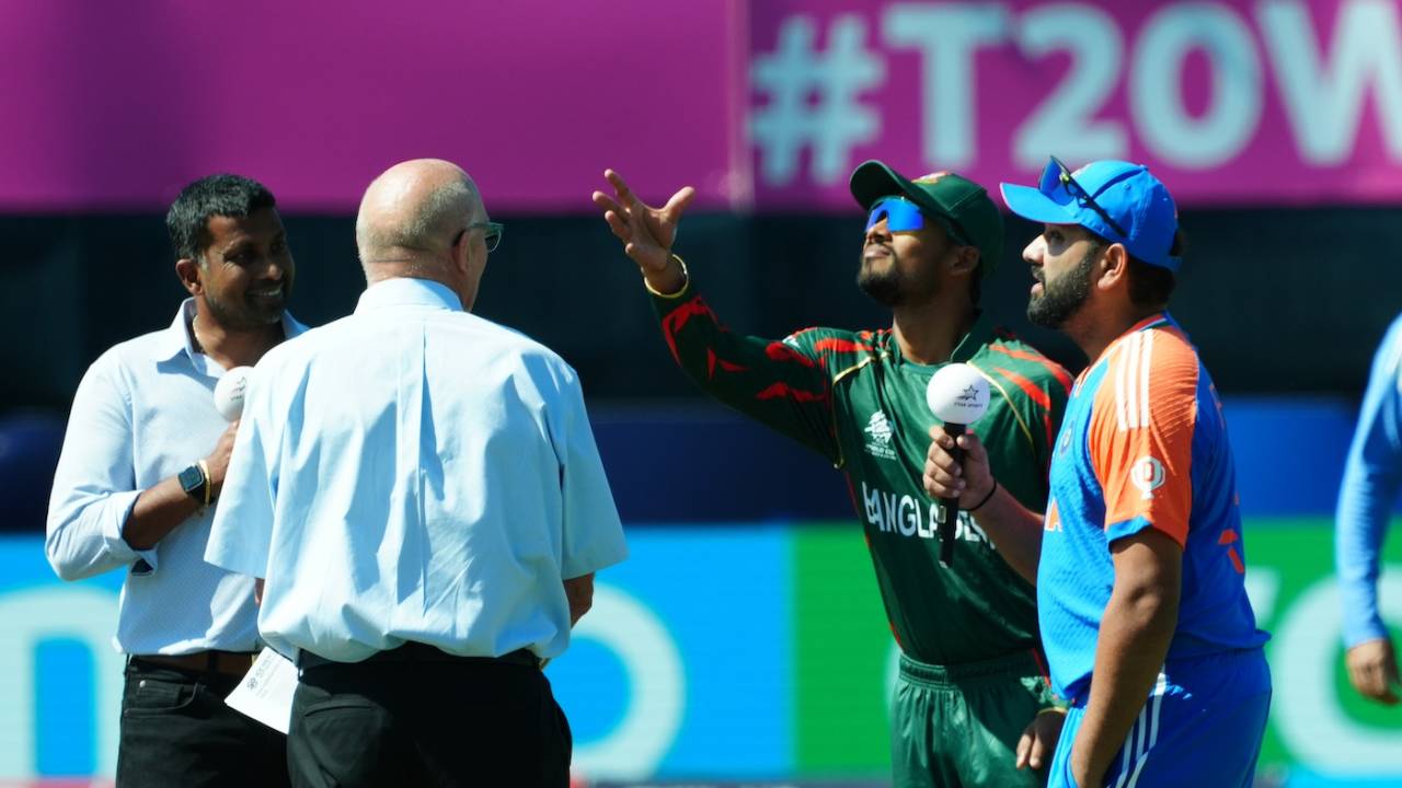 Najmul Hossain Shanto flips the coin - Rohit Sharma called right and opted to bat, Bangladesh vs India, T20 World Cup warm-up match, New York, June 1, 2024