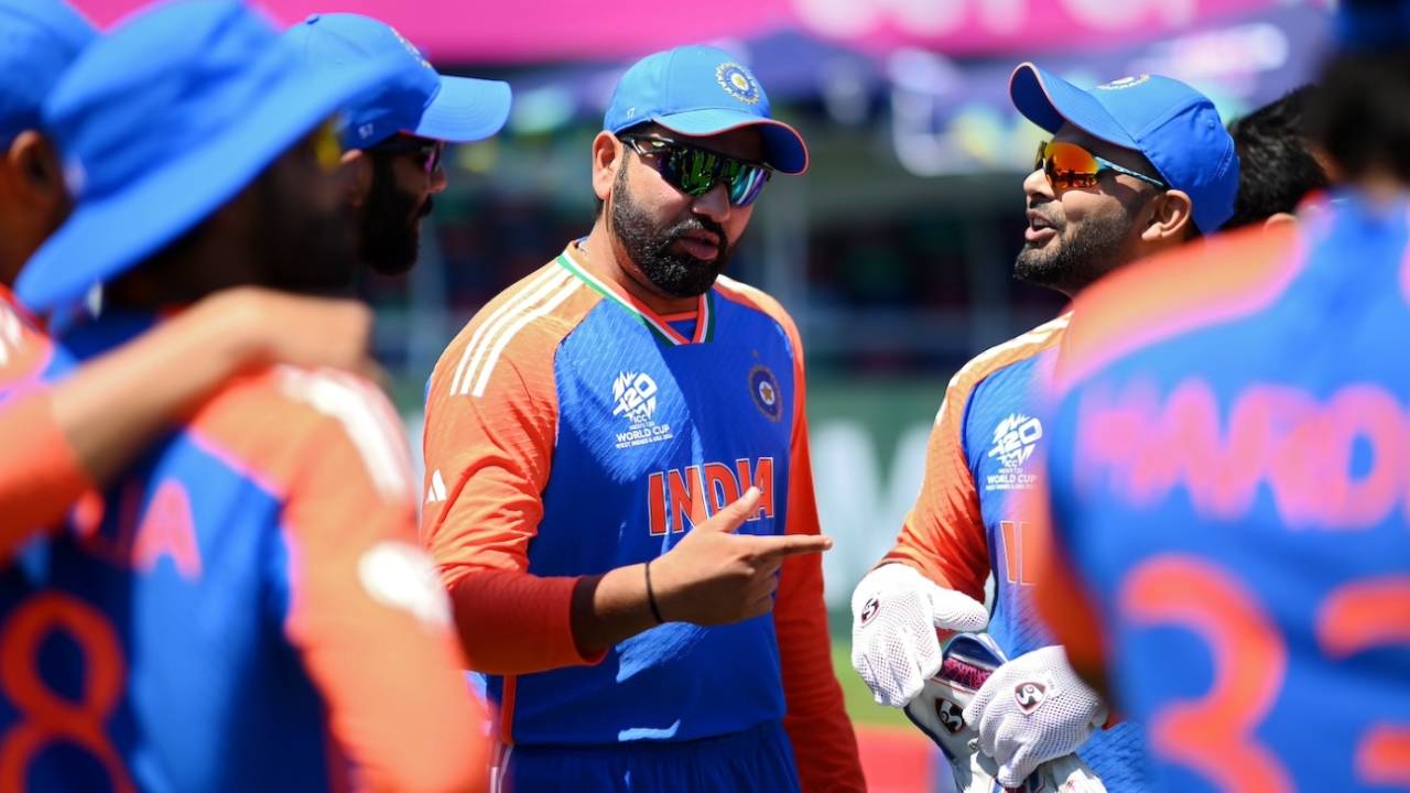 Rohit Sharma speaks in the team huddle, Bangladesh vs India, T20 World Cup warm-up game, New York, June 1, 2024