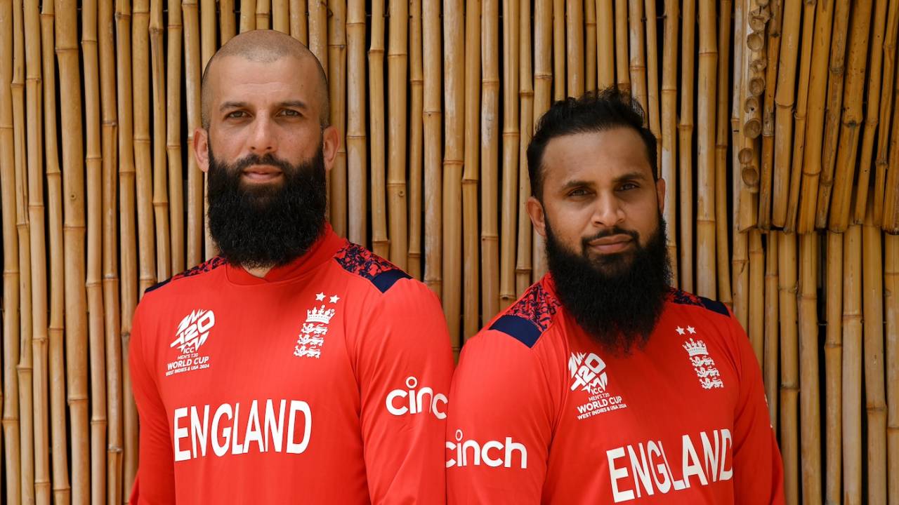 Moeen Ali and Adil Rashid pose for a portreait together, Bridgetown, June 1, 2024