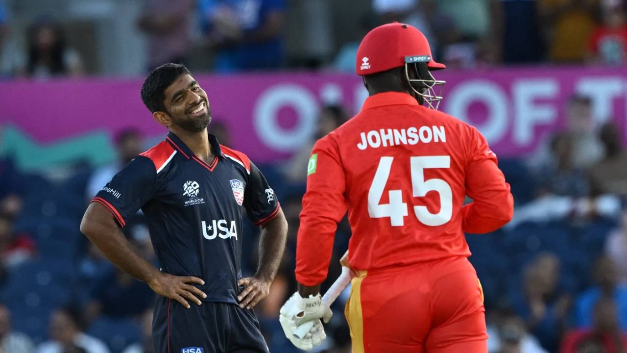 Saurabh Netravalkar reacts after Aaron Johnson gets a streaky four, USA vs Canada, T20 World Cup 2024, Group A, Dallas, June 1, 2024