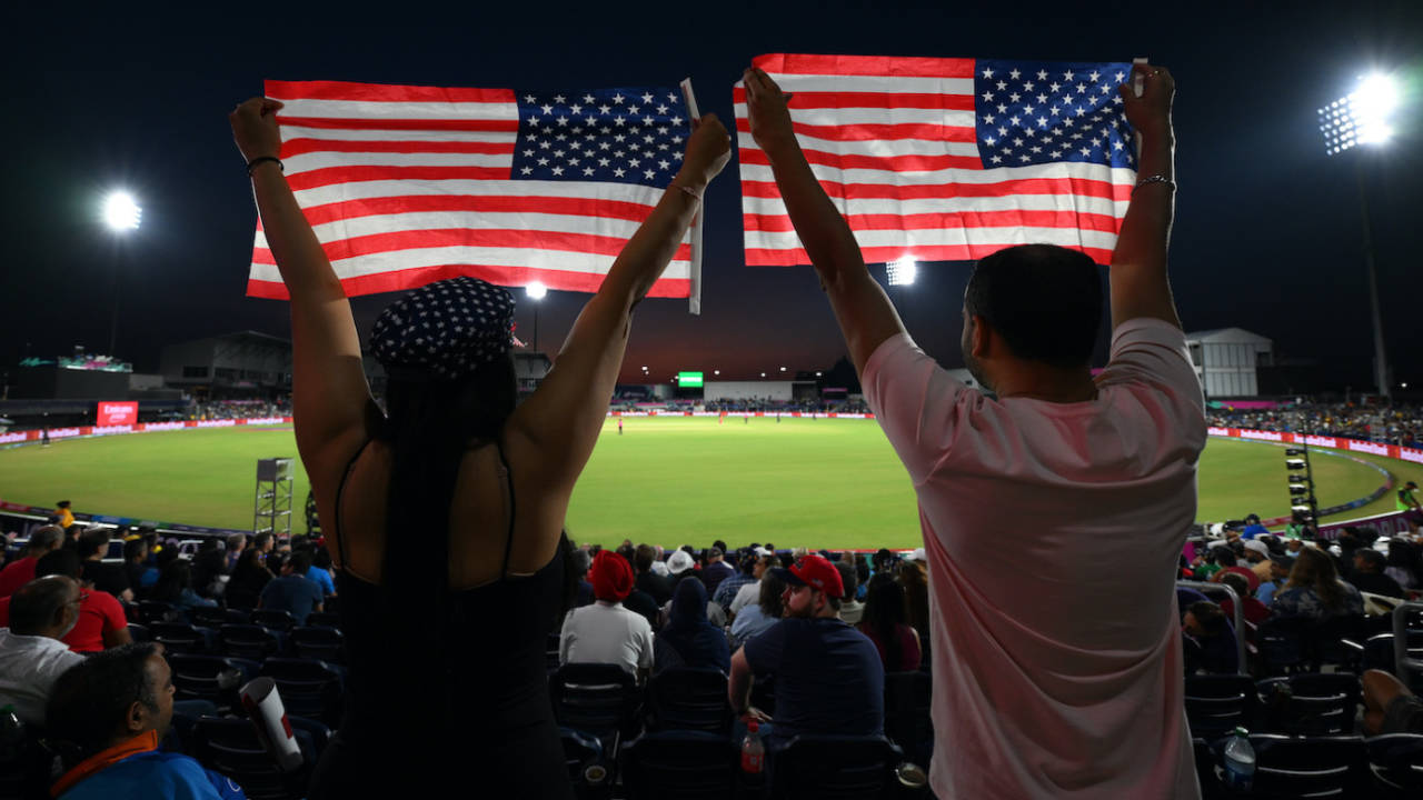 USA fans cheer their team with flags, USA vs Canada, T20 World Cup 2024, Group A, Dallas, June 1, 2024
