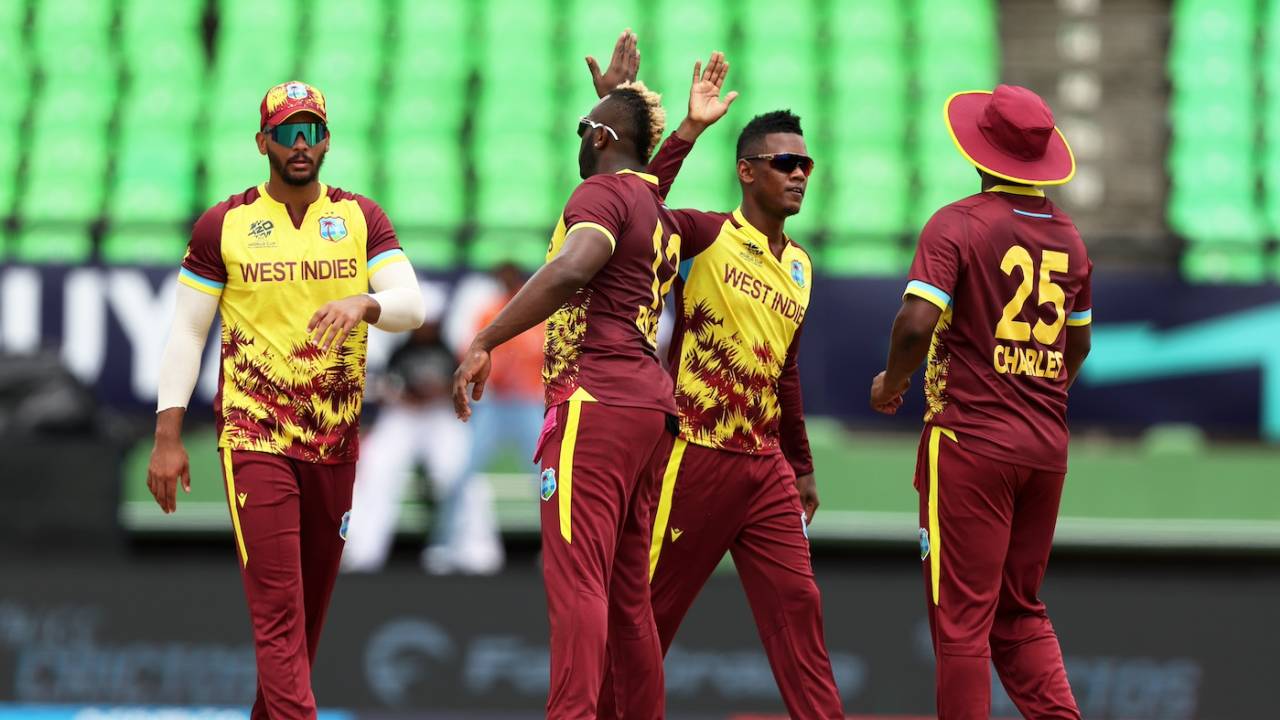 Akeal Hosein celebrates a wicket, West Indies vs Papua New Guinea, 2024 T20 World Cup, Providence, Guyana, June 2, 2024