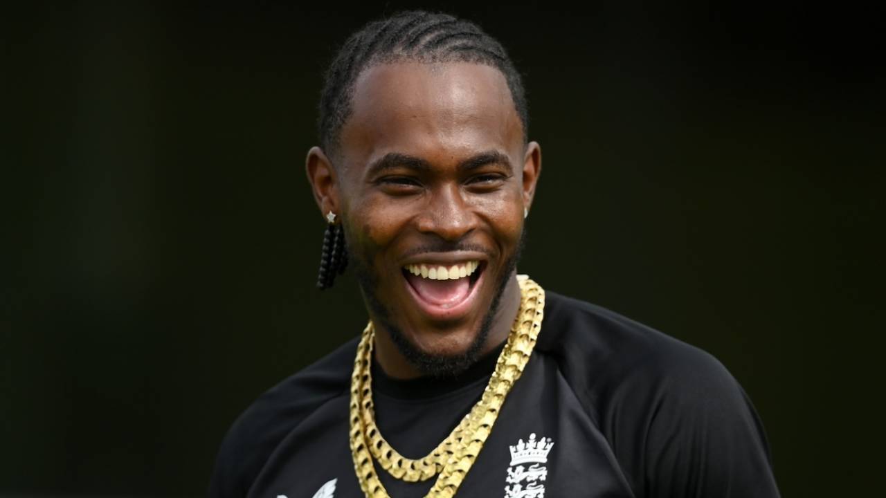 Jofra Archer has a laugh at a net session, Bridgetown, Barbados, June 2, 2024
