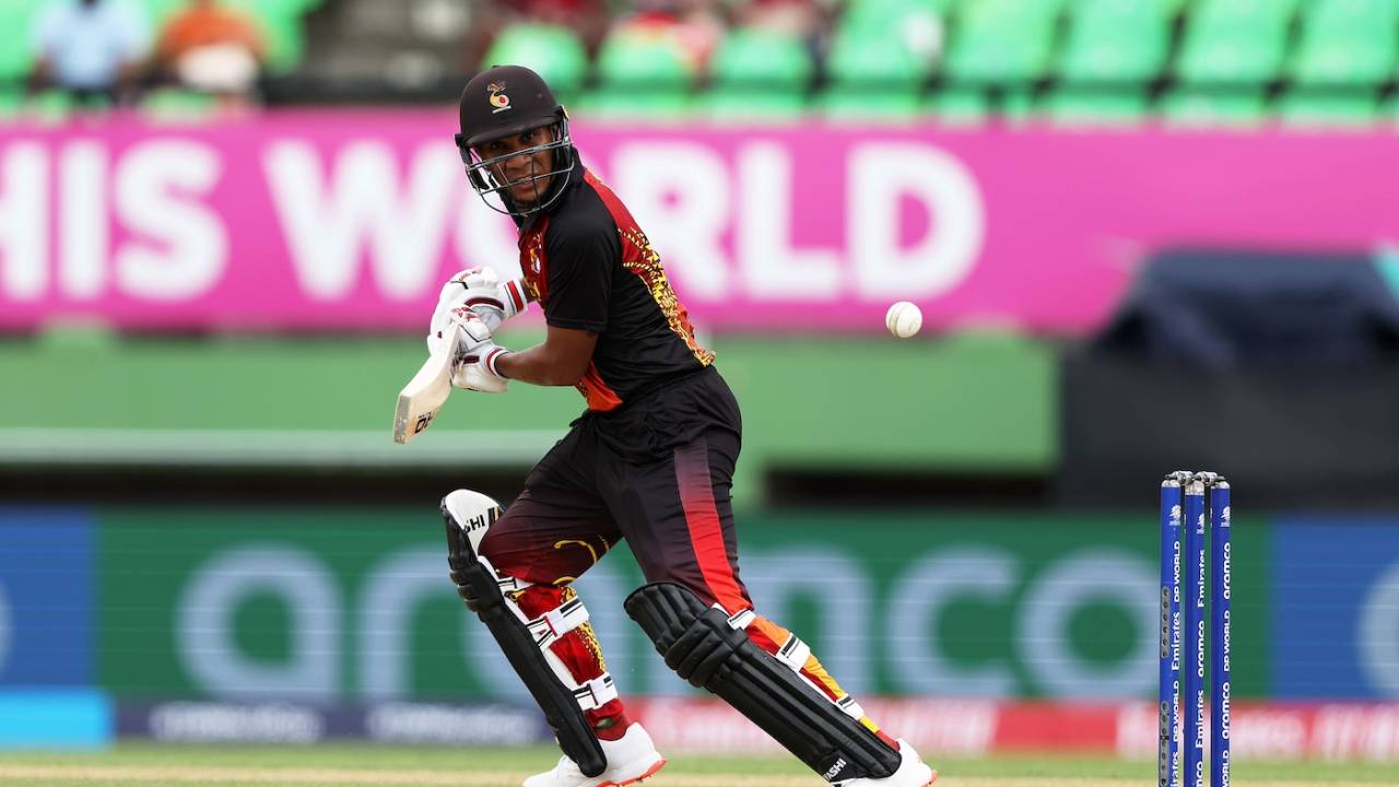 Charles Amini plays the ball behind point, West Indies vs Papua New Guinea, 2024 T20 World Cup, Providence, Guyana, June 2, 2024
