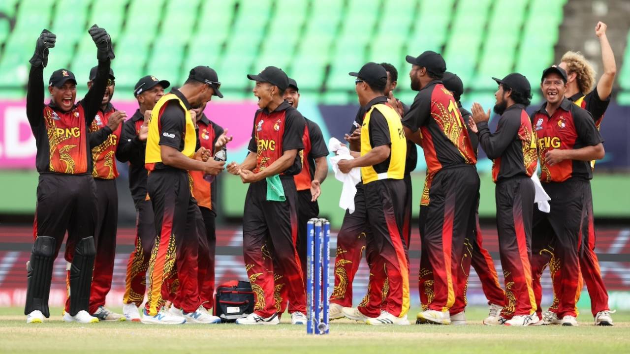 PNG players celebrate the wicket of Johnson Charles, West Indies vs Papua New Guinea, 2024 T20 World Cup, Providence, Guyana, June 2, 2024