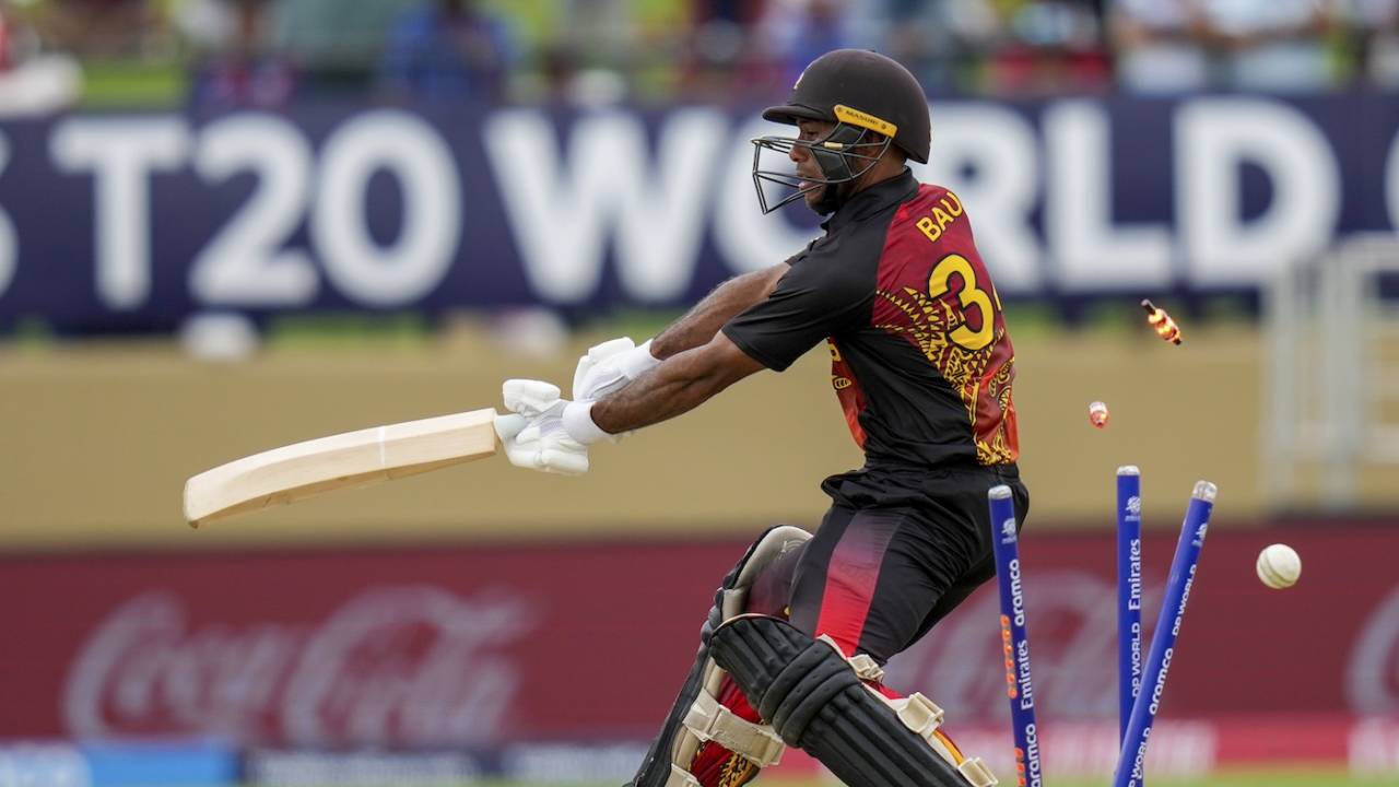 Sese Bau is bowled, West Indies vs Papua New Guinea, 2024 T20 World Cup, Providence, Guyana, June 2, 2024