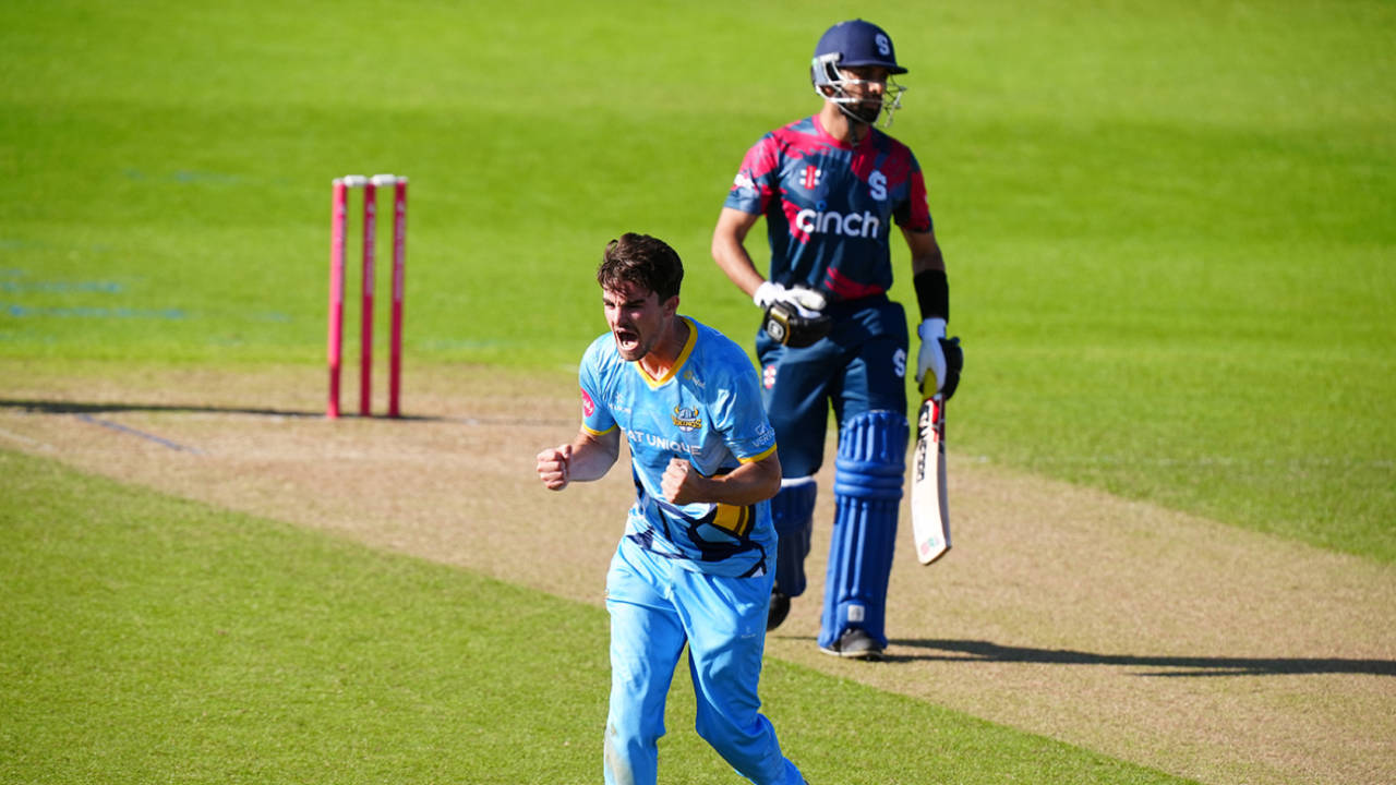 Jordan Thompson belts out a wicket celebration, Vitality Blast, Northamptonshire vs Yorkshire, Northampton, June 2, 2024