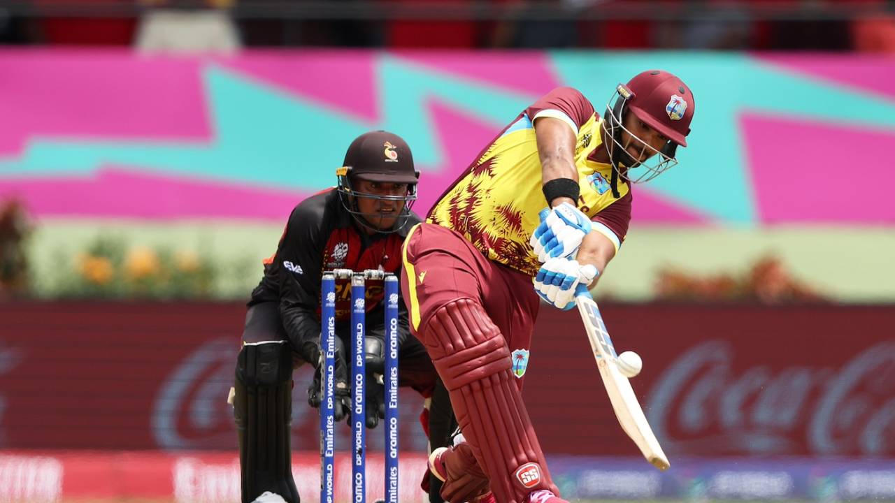 Nicholas Pooran launches one over the straight boundary, West Indies vs Papua New Guinea, 2024 T20 World Cup, Providence, Guyana, June 2, 2024