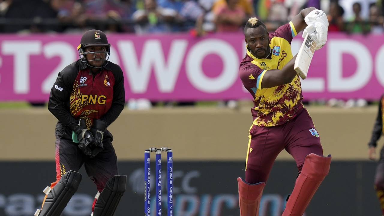 Andre Russell hits down the ground, West Indies vs Papua New Guinea, 2024 T20 World Cup, Providence, Guyana, June 2, 2024