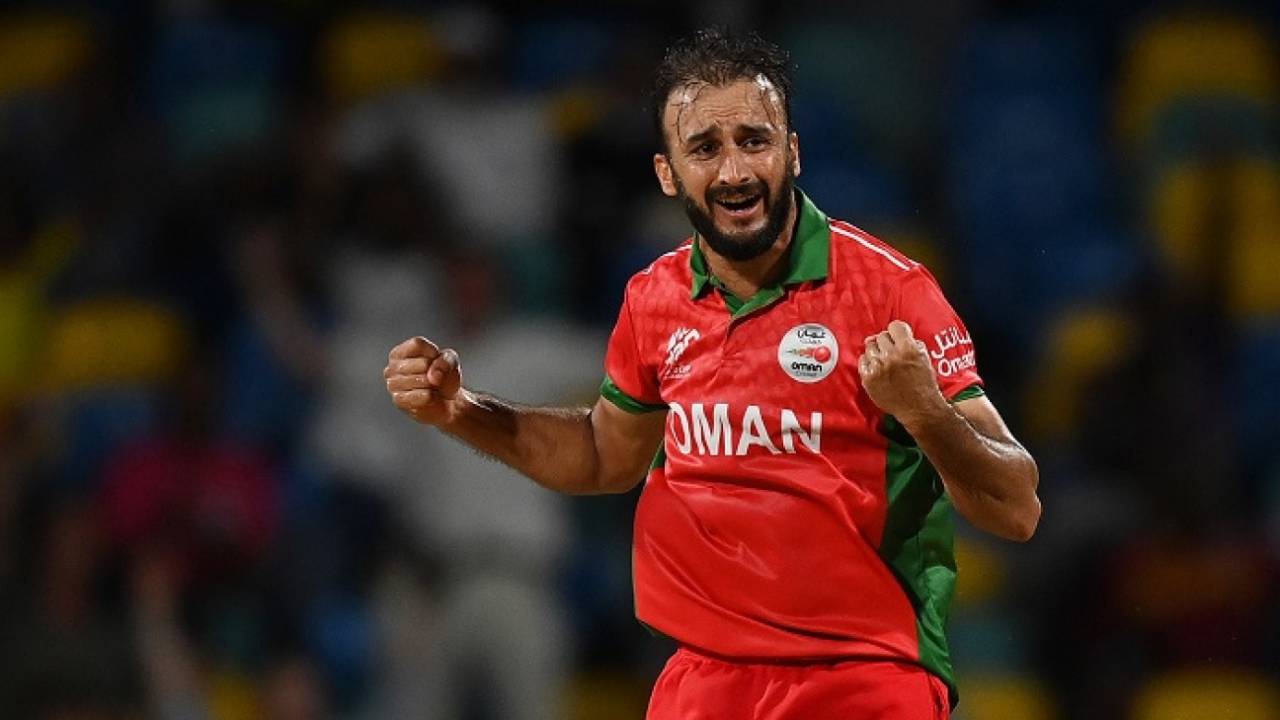 Mehran Khan took two wickets in the final over to drag the game into a Super Over, Namibia vs Oman, T20 World Cup 2024, Group B, Bridgetown, June 2, 2024
