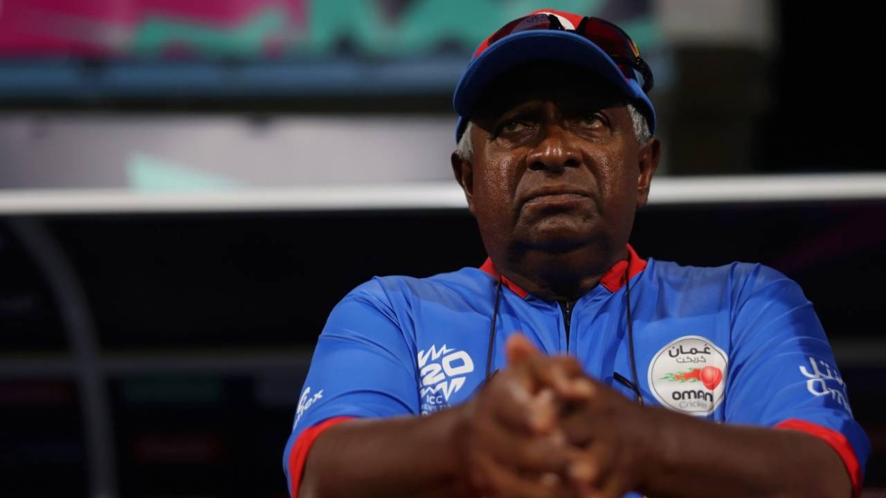 Oman head coach Duleep Mendis looks on during their Super-Over loss to Namibia, Namibia vs Oman, T20 World Cup 2024, Group B, Bridgetown, June 2, 2024