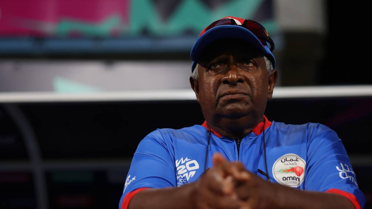 Oman head coach Duleep Mendis looks on during their Super-Over loss to Namibia, Namibia vs Oman, T20 World Cup 2024, Group B, Bridgetown, June 2, 2024