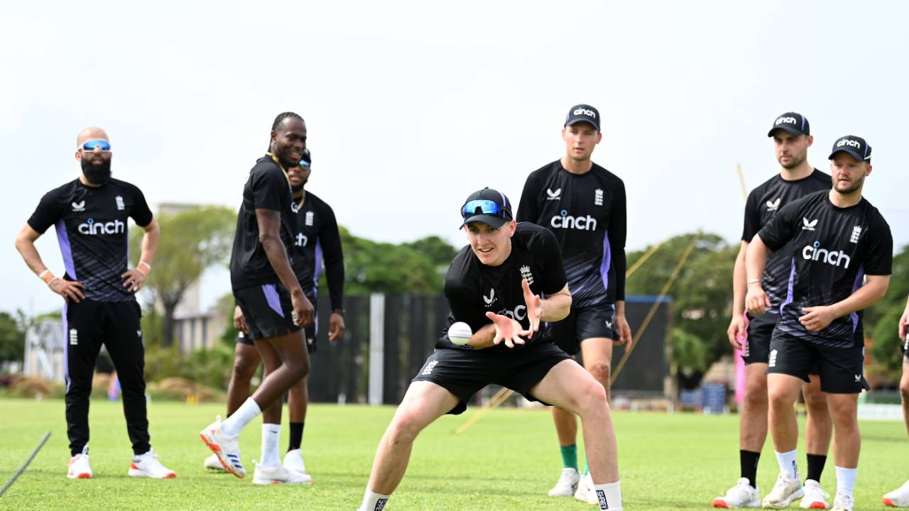 Harry Brook prepares to take a catch as the England squad looks on, England training, 3 Ws Oval, Barbados, June 2, 2024