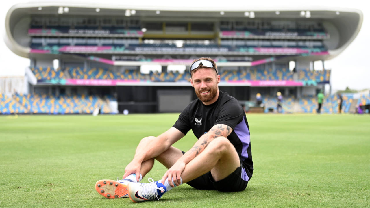 Phil Salt poses on the outfield at Bridgetown, where he watched the 2010 World T20 final, Barbados, June 3, 2024