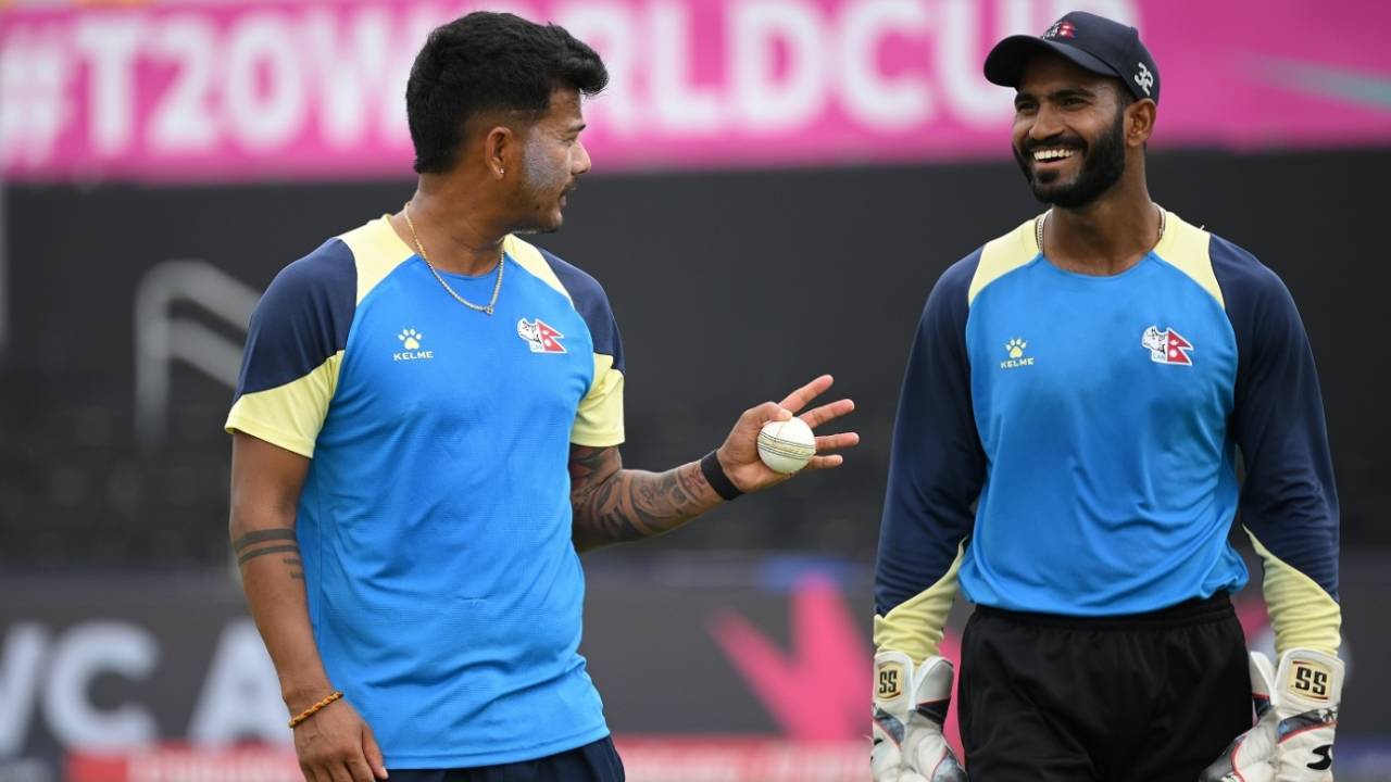 Abinash Bohara shares a laugh with Aasif Sheikh during a practice session, T20 World Cup, Dallas, June 3, 2024