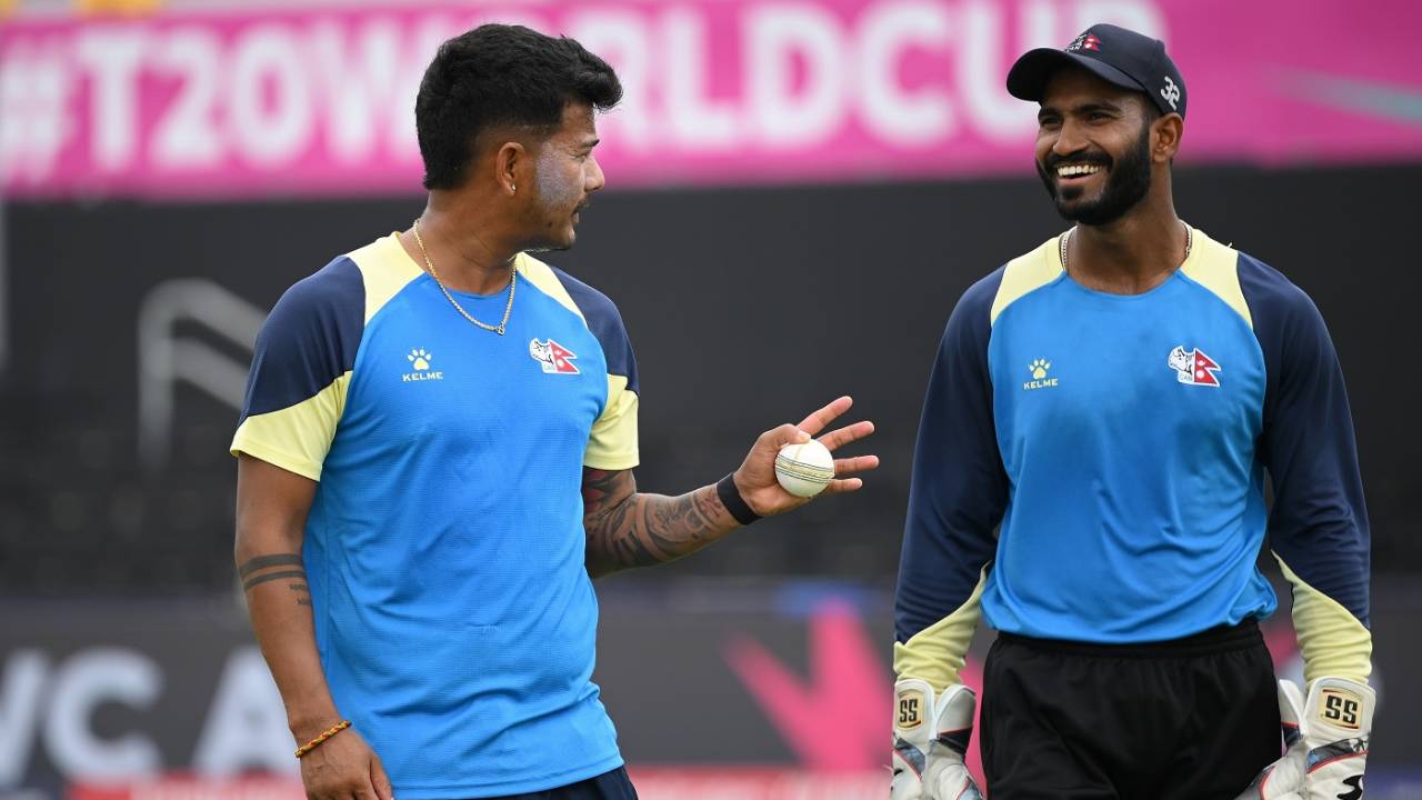 Abinash Bohara shares a laugh with Aasif Sheikh during a practice session, T20 World Cup, Dallas, June 3, 2024