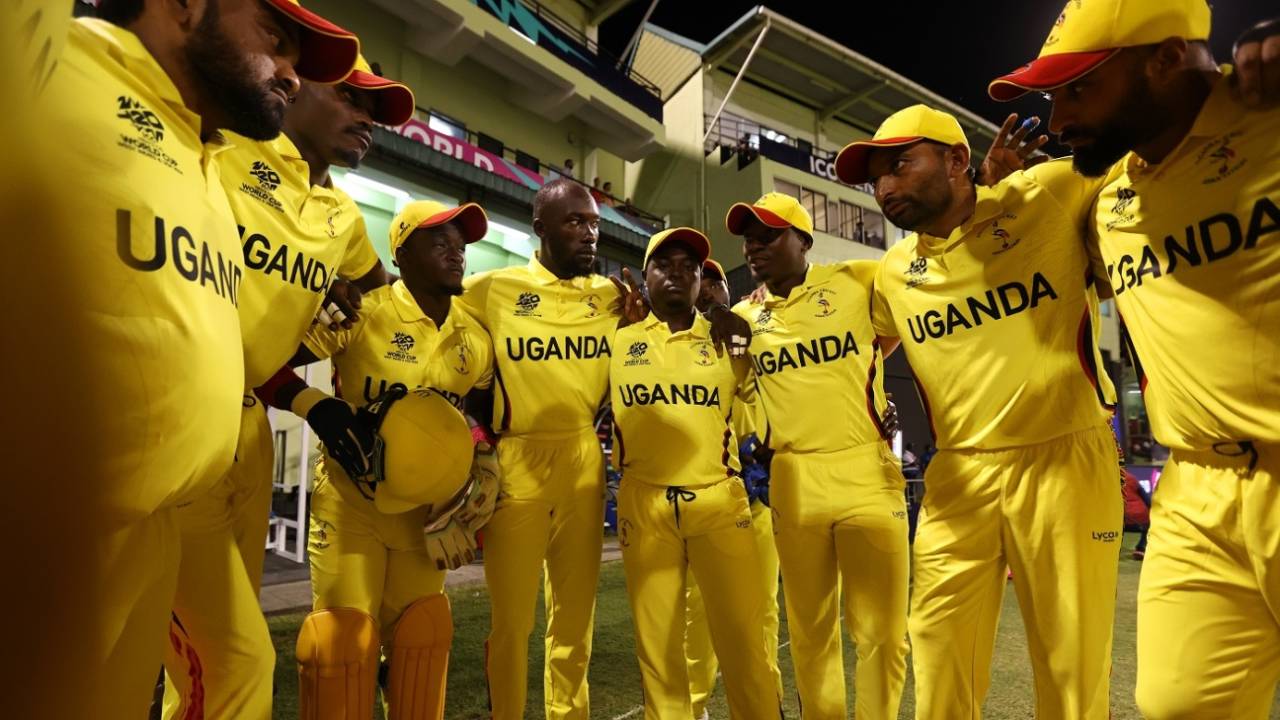 Uganda's players huddle up before their first World Cup match, Afghanistan vs Uganda, T20 World Cup 2024, Providence, June 3, 2024