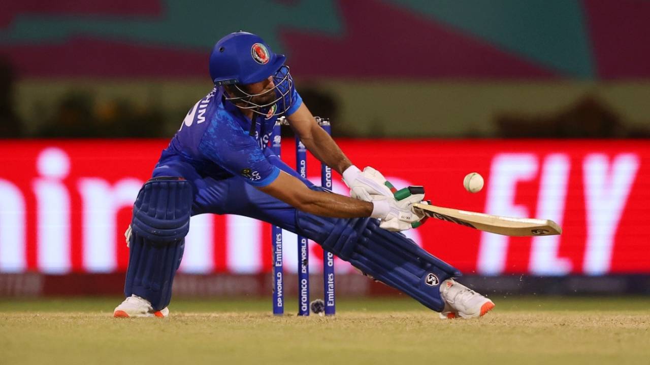 Ibrahim Zadran brings out the scoop, Afghanistan vs Uganda, T20 World Cup 2024, Providence, June 3, 2024