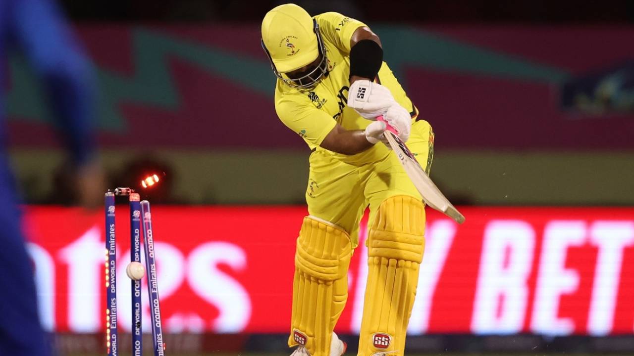 Ronak Patel was bowled for 4, Afghanistan vs Uganda, T20 World Cup 2024, Providence, June 3, 2024