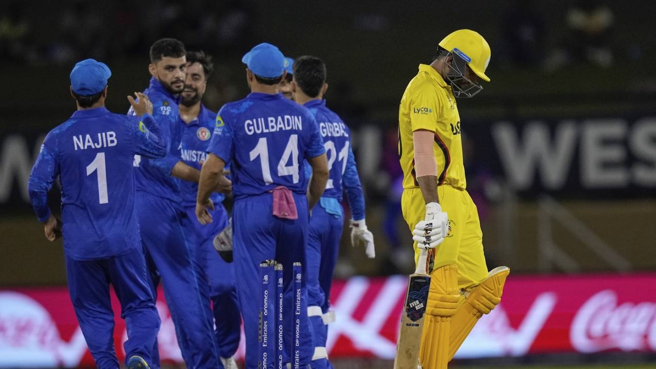 The Afghanistan players congratulate Naveen-ul-Haq for dismissing Dinesh Nakrani, Afghanistan vs Uganda, T20 World Cup 2024, Providence, June 3, 2024