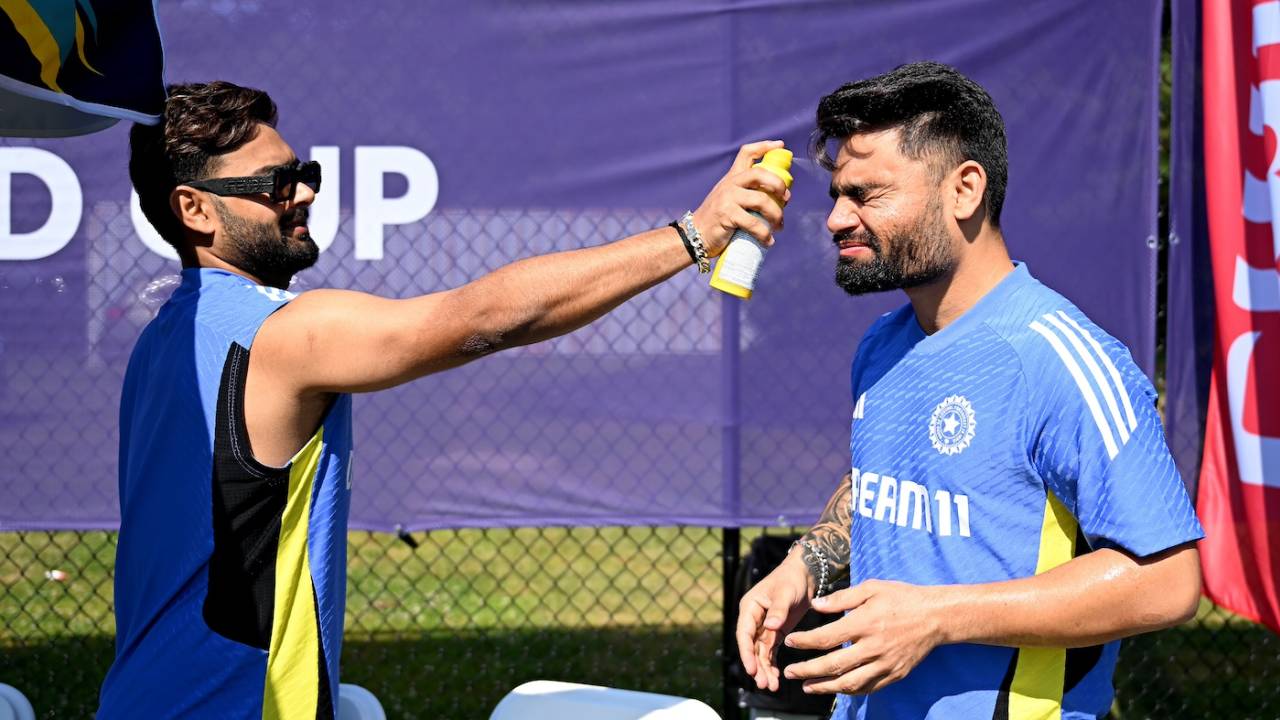 Rishabh Pant helps Rinku Singh out with some sunscreen on the eve of India's T20 World Cup opener against Ireland in New York, June 4, 2024