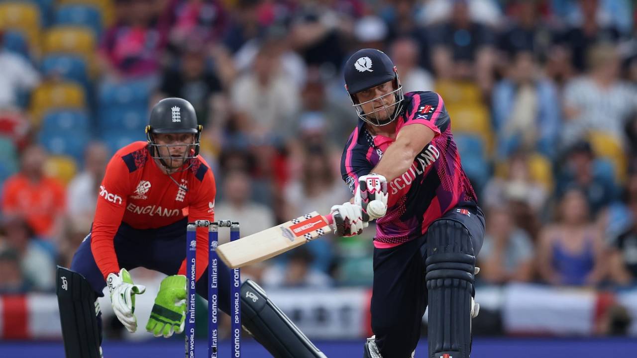 Left-hander George Munsey hits Adil Rashid for a right-handed six, England vs Scotland, T20 World Cup, Barbados, June 4, 2024