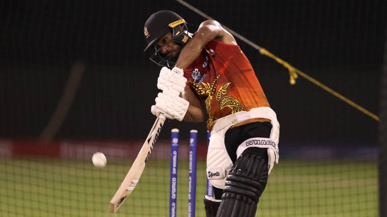 Lega Siaka lines up for a big shot in the nets, T20 World Cup 2024, Providence, June 4, 2024