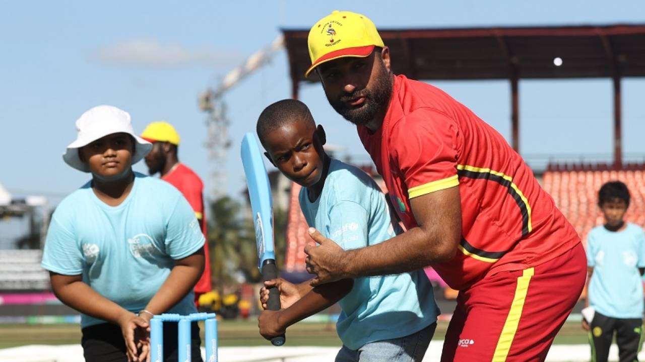 Bilal Hassun of Uganda does some coaching, T20 World Cup 2024, Guyana, June 4, 2024