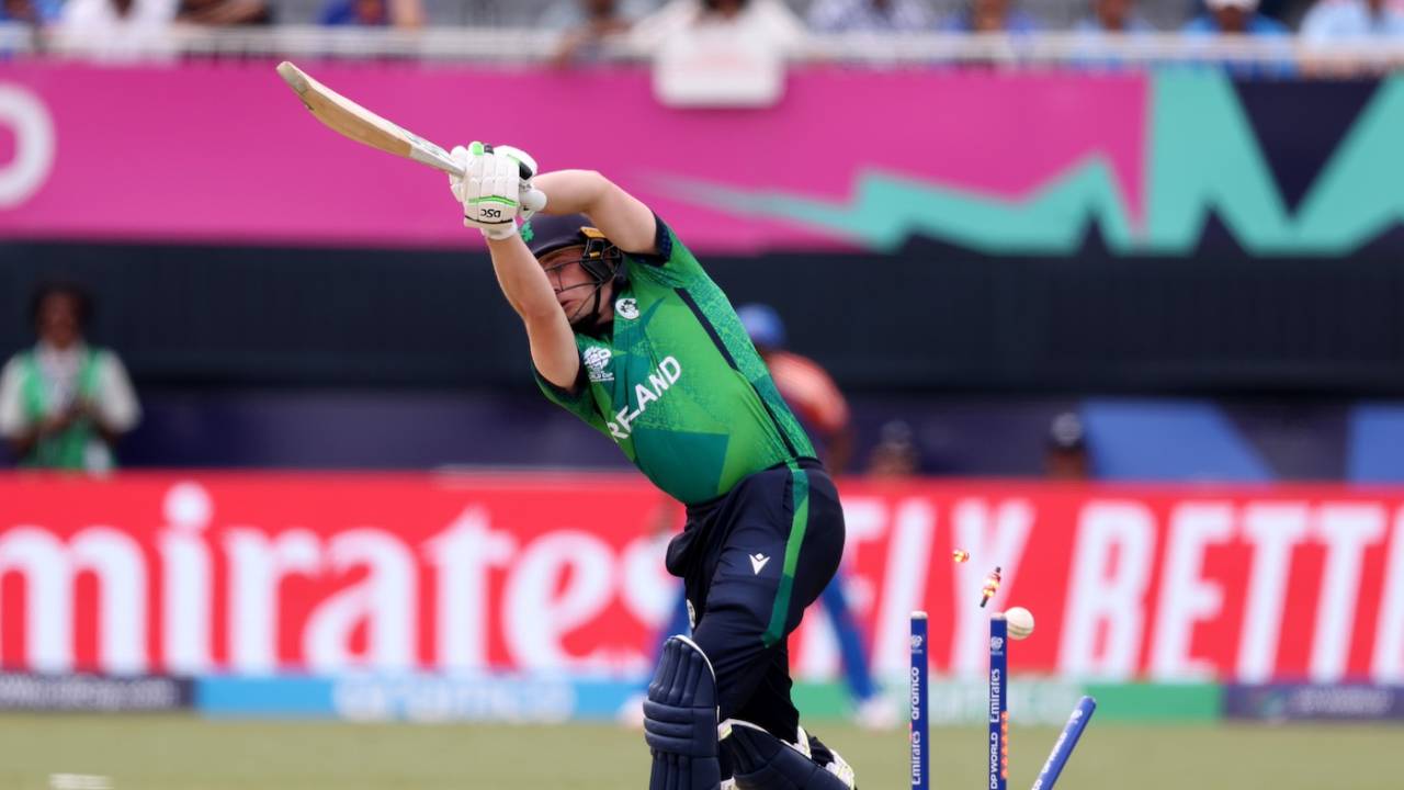 Lorcan Tucker is bowled by an inswinger, India vs Ireland, T20 World Cup, New York, June 5, 2024