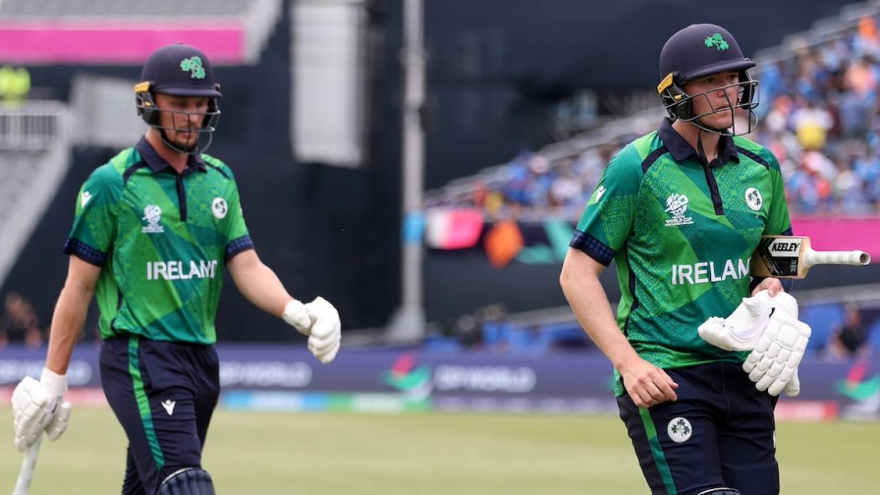 Gareth Delany and Ben White walk off after Ireland were dismissed for 96, India vs Ireland, T20 World Cup, New York, June 5, 2024