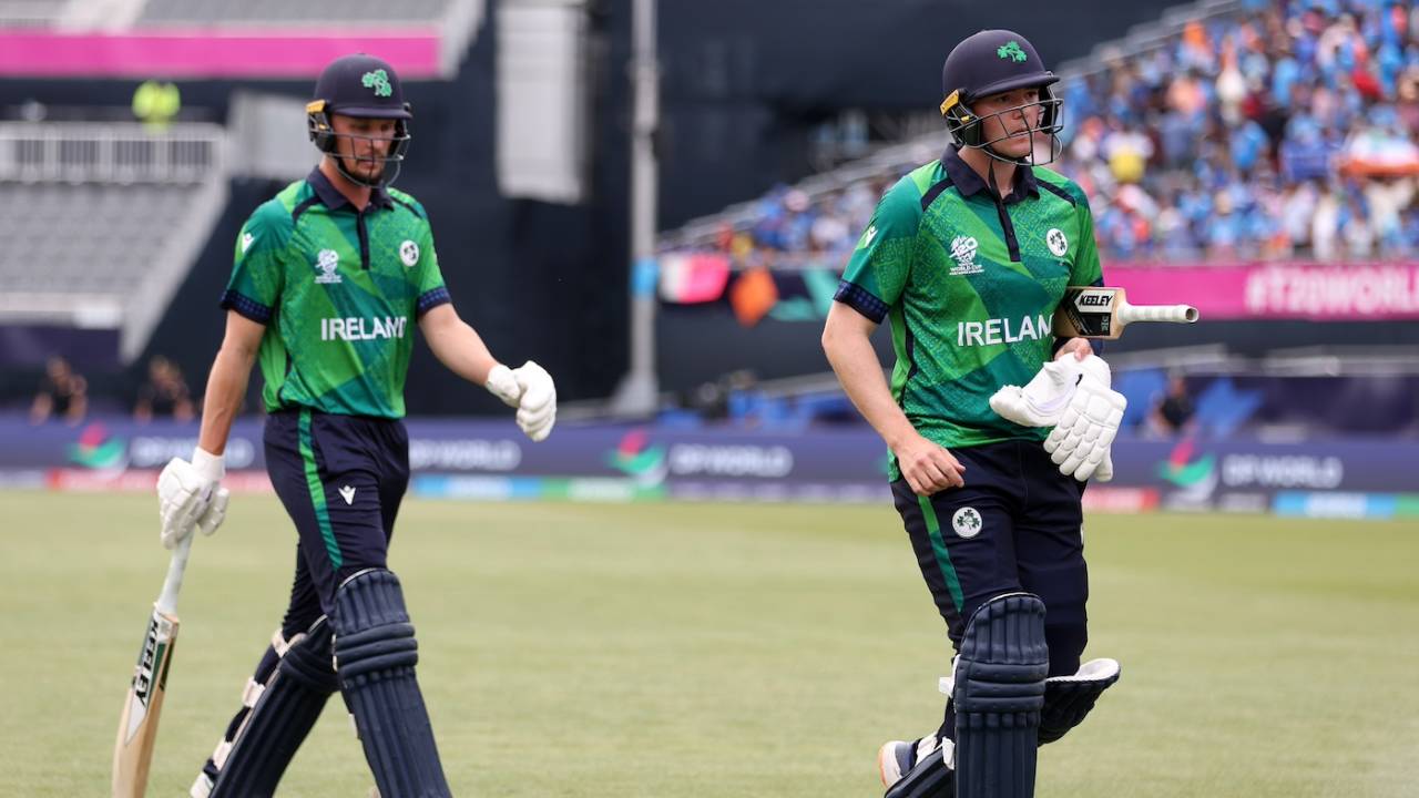 Gareth Delany and Ben White walk off after Ireland were dismissed for 96, India vs Ireland, T20 World Cup, New York, June 5, 2024