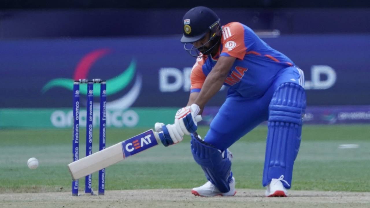 Rohit Sharma gets down low to play the ball, India vs Ireland, T20 World Cup, New York, June 5, 2024