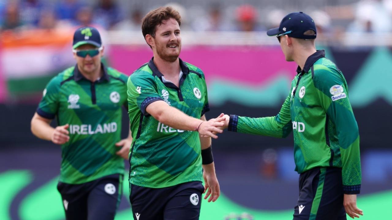Mark Adair celebrates Virat Kohli's wicket, India vs Ireland, T20 World Cup, New York, June 5, 2024