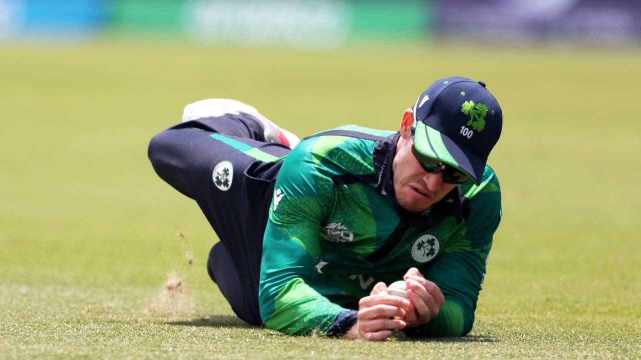 George Dockrell completes a catch to dismiss Suryakumar Yadav, India vs Ireland, T20 World Cup, New York, June 5, 2024