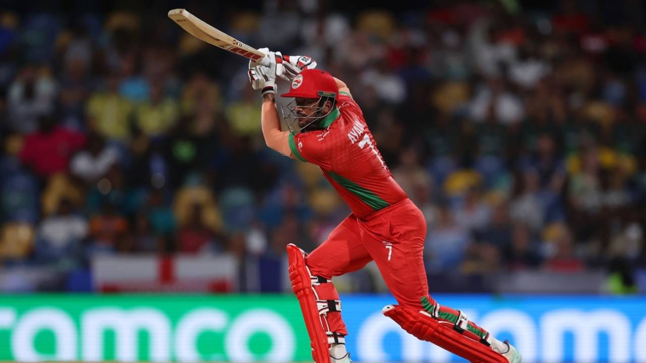 Ayaan Khan slices one away, Australia vs Oman, T20 World Cup, Bridgetown, June 5, 2024