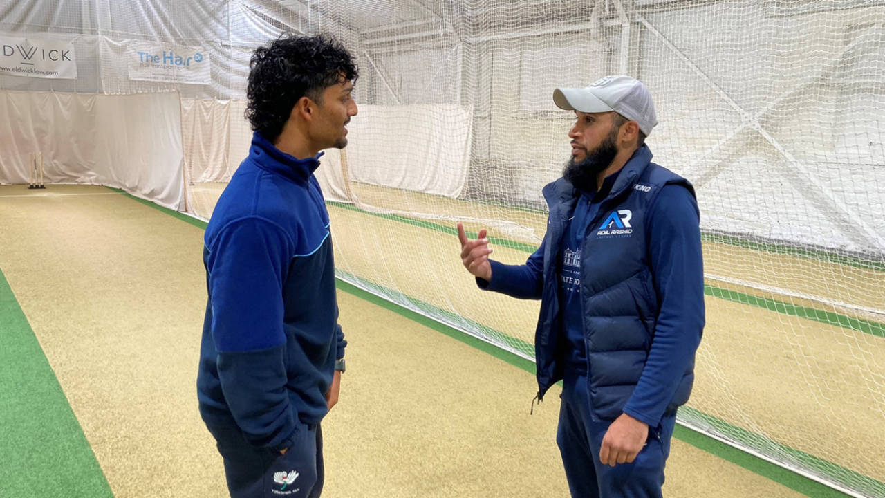 Yorkshire legspinner Jafer Chohan gets tips from Amar Rashid, Adil Rashid Cricket Centre, Thornton, Bradford, May 22, 2024