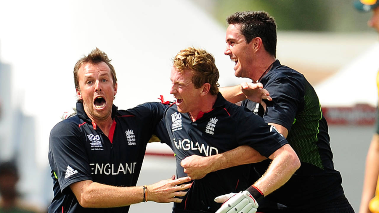 Graeme Swann and Kevin Pietersen mob Paul Collingwood after England's World T20 victory in 2010, Barbados, May 16, 2010