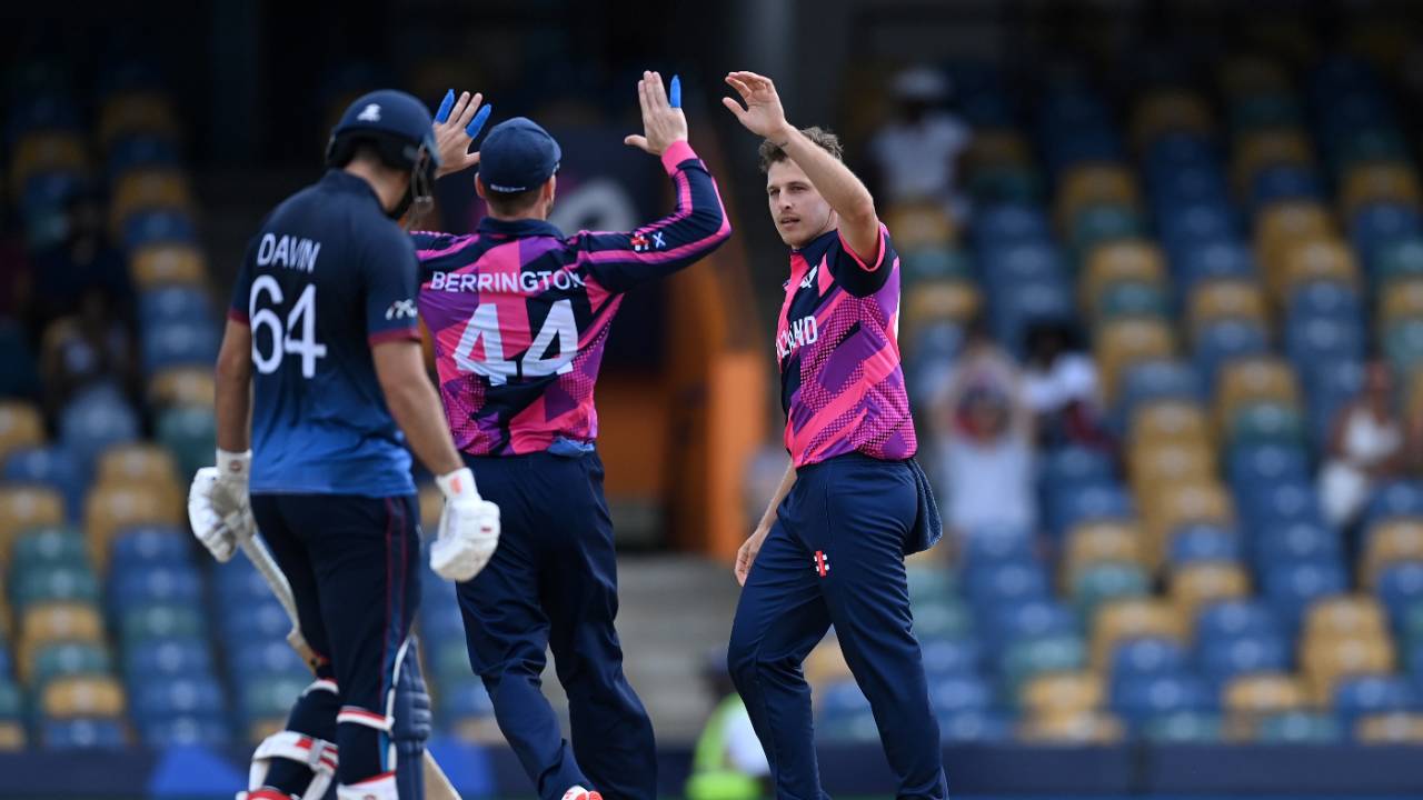 Brad Wheal takes the plaudits for his first-over dismissal, Namibia vs Scotland, T20 World Cup, Barbados, June 6, 2024