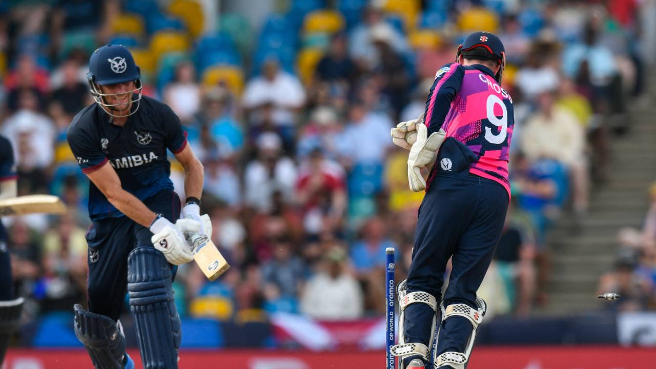 Gerhard Erasmus was stumped one ball after reaching his fifty, Namibia vs Scotland, T20 World Cup, Barbados, June 6, 2024