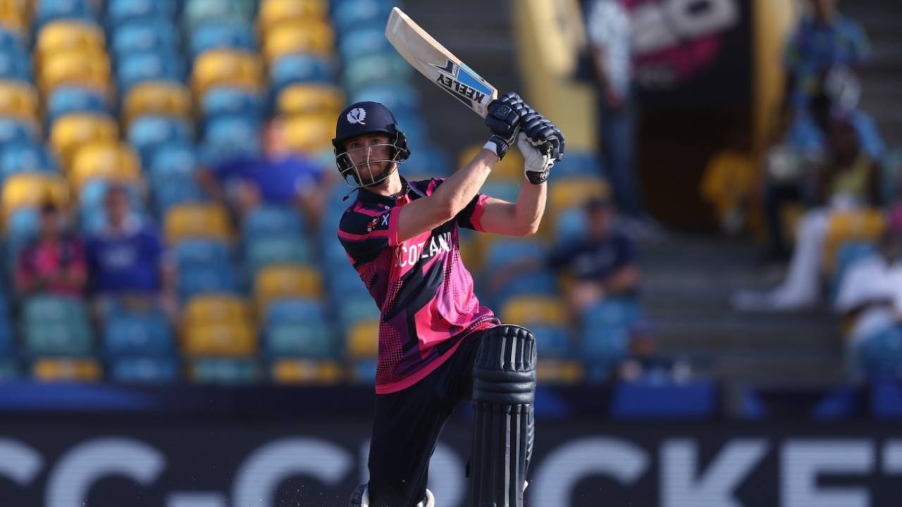 Michael Jones attacks during the Powerplay, Namibia vs Scotland, T20 World Cup, Barbados, June 6, 2024