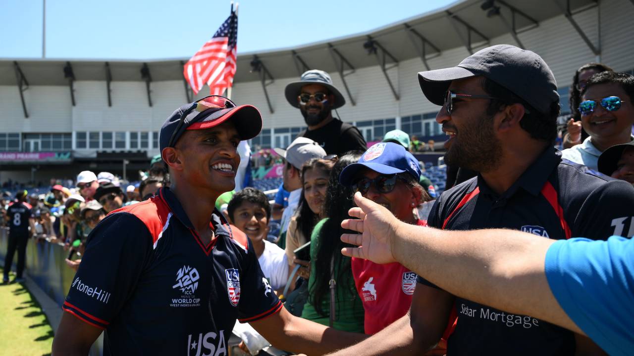 Nosthush Kenjige celebrates USA's win with fans, T20 World Cup 2024, USA vs Pakistan, Dallas, June 6 2024