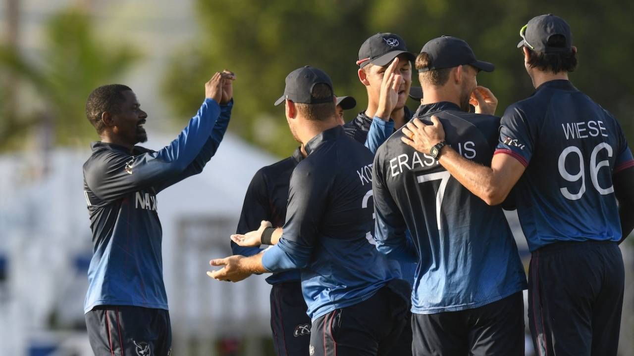 Tangeni Lungameni celebrates the wicket of George Munsey, Namibia vs Scotland, T20 World Cup, Barbados, June 6, 2024