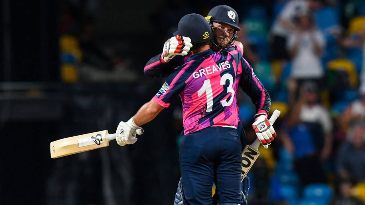 Richie Berrington and Chris Greaves celebrate victory, Namibia vs Scotland, T20 World Cup, Barbados, June 6, 2024
