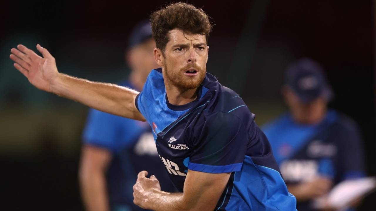 Mitchell Santner bowls during a practice session, Providence, T20 World Cup, June 6, 2024