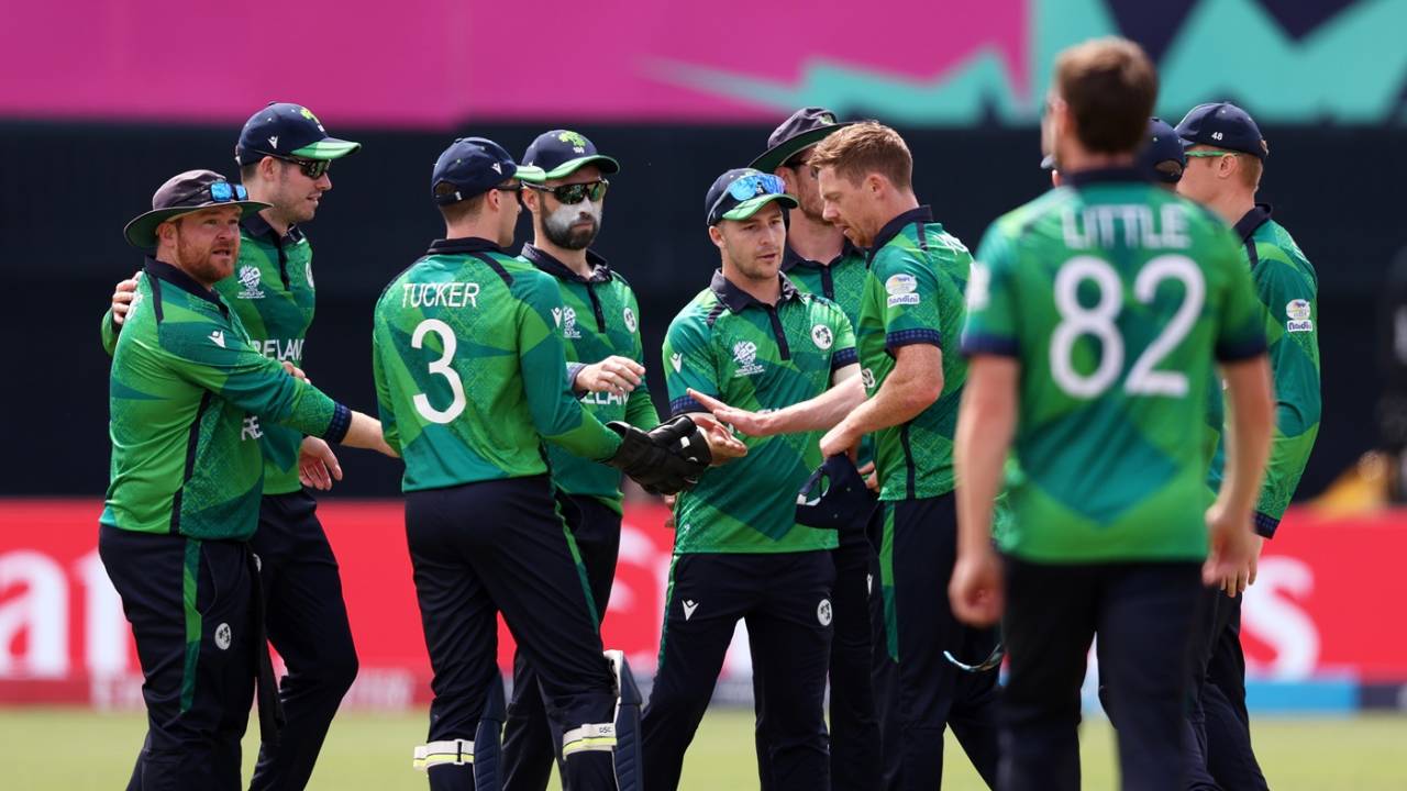 Craig Young celebrates with his team-mates, Canada vs Ireland, T20 World Cup 2024, New York, June 7, 2024