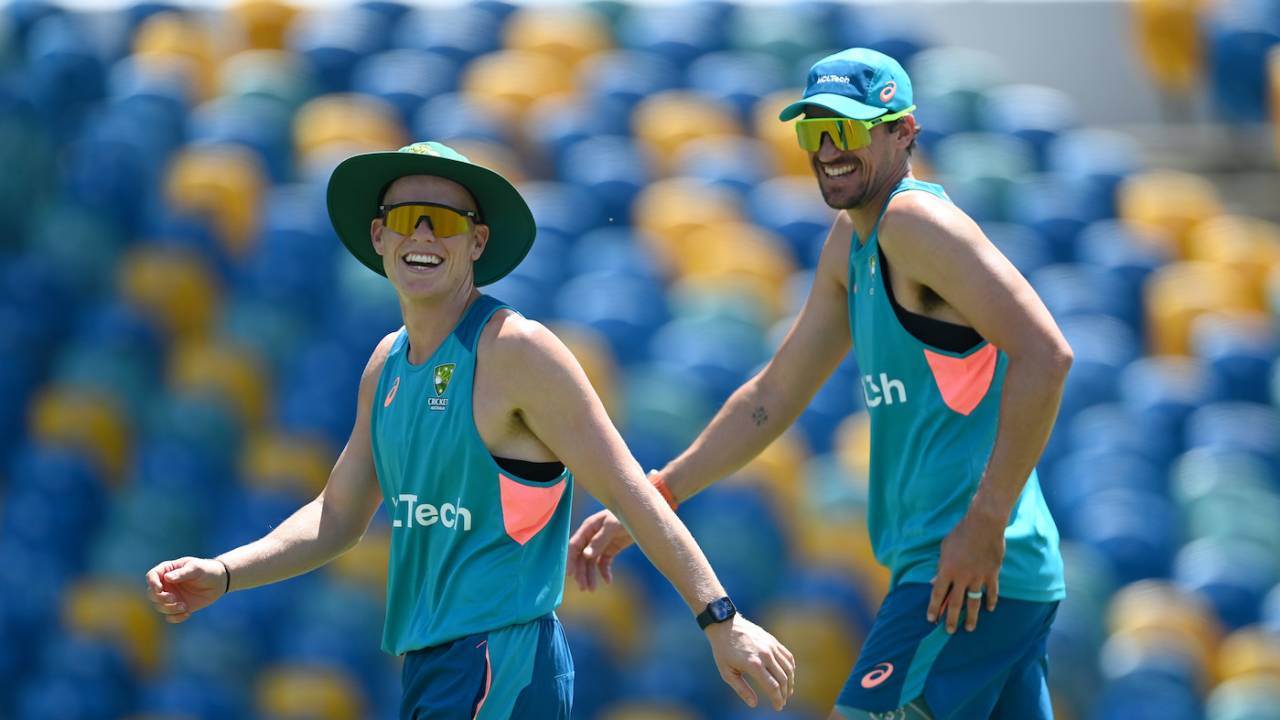 Nathan Ellis and Mitchell Starc have a laugh during training, Australia vs England, T20 World Cup 2024, Bridgetown, June 7, 2024