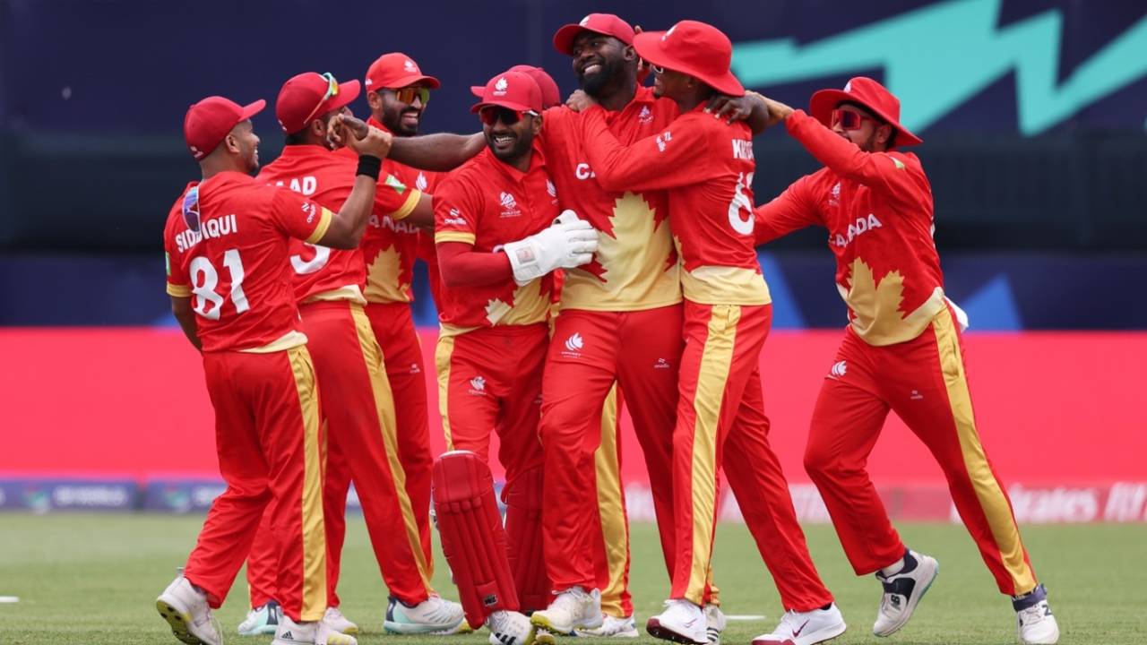 Aaron Johnson celebrates with his team-mates, Canada vs Ireland, T20 World Cup 2024, New York, June 7, 2024
