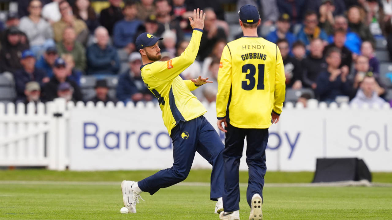 James Vince celebrates the run-out of Ben Charlesworth, Gloucestershire vs Hampshire, Vitality Blast, June 7, 2024

