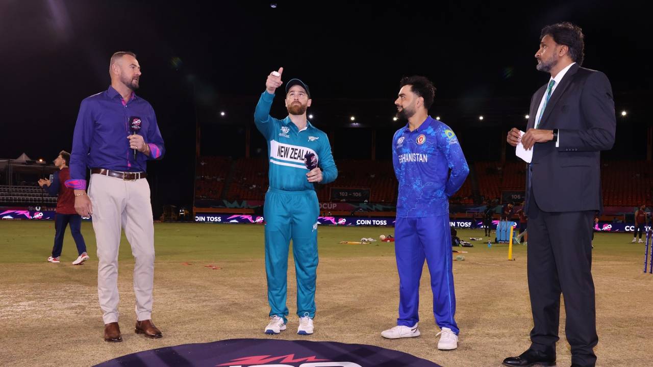 Rashid Khan calls as Kane Williamson flips the coin, New Zealand vs Afghanistan, T20 World Cup 2024, Guyana, June 7, 2024